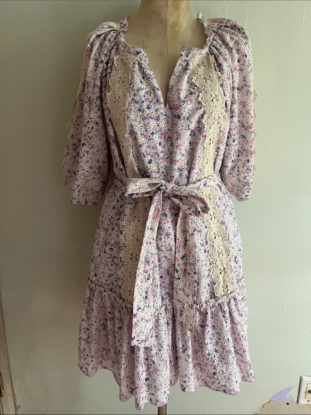 Just Me Lavender Floral Midi Dress with Cream Lace & Waist Tie